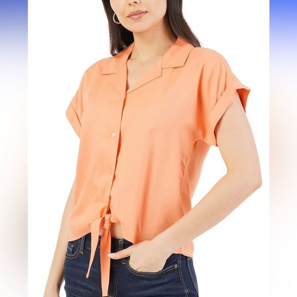 Joie Tie-Front Blouse – Short Sleeve, Button-Up, Orange, Size S - Picture 2 of 8